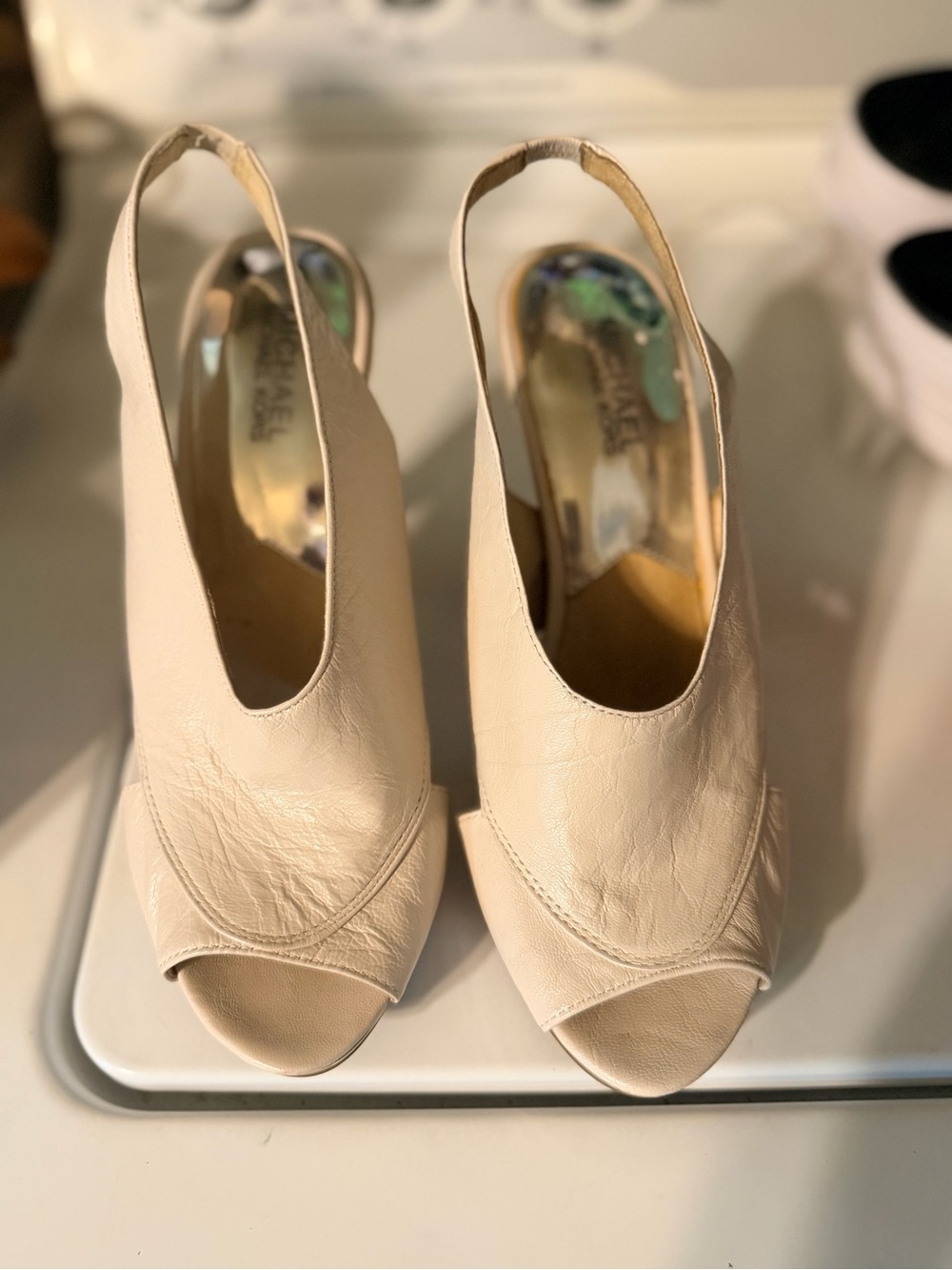 MICHAEL Michael Kors Ivory Leather Peep Toe Slingback Platform Heels Size 9M